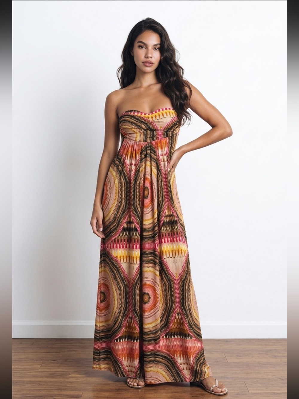 Guess by Marciano Strapless Maxi Skirt in Pink, Brown & Yellow Geometric Print